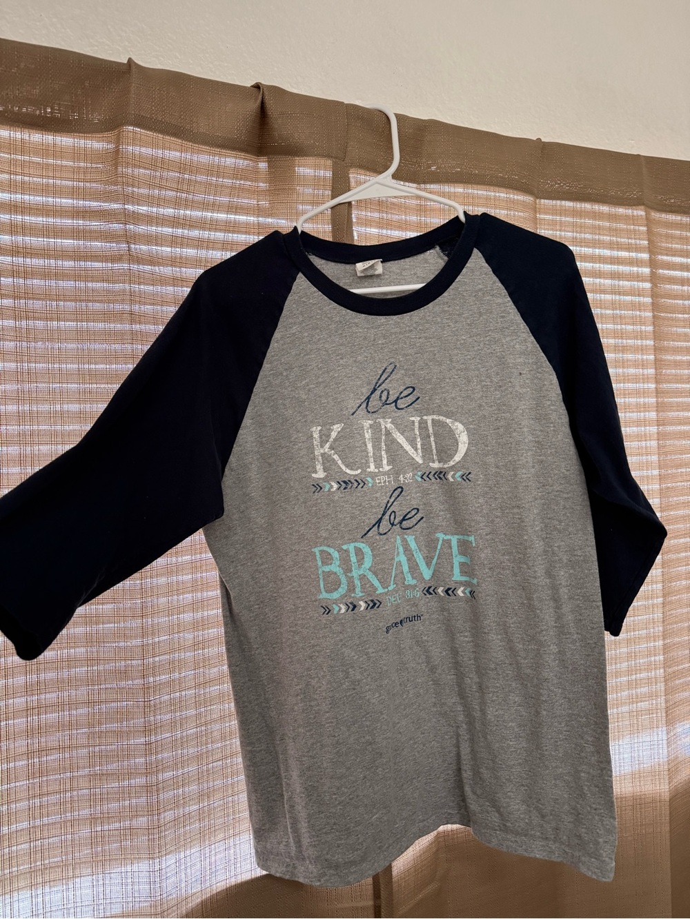 Gildan Grey Tee with Navy Raglan Sleeves and Aqua Graphic